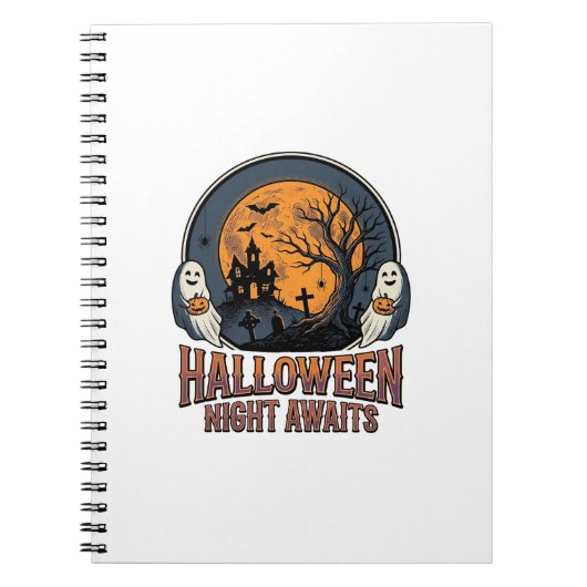 ヴィンテージ ハロウィーン シーン 彫刻 月 幽霊 Tシャツ_ ノートブック (正面)