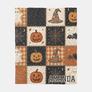 ヴィンテージ ハロウィーン パッチワークキルト フリースブランケット