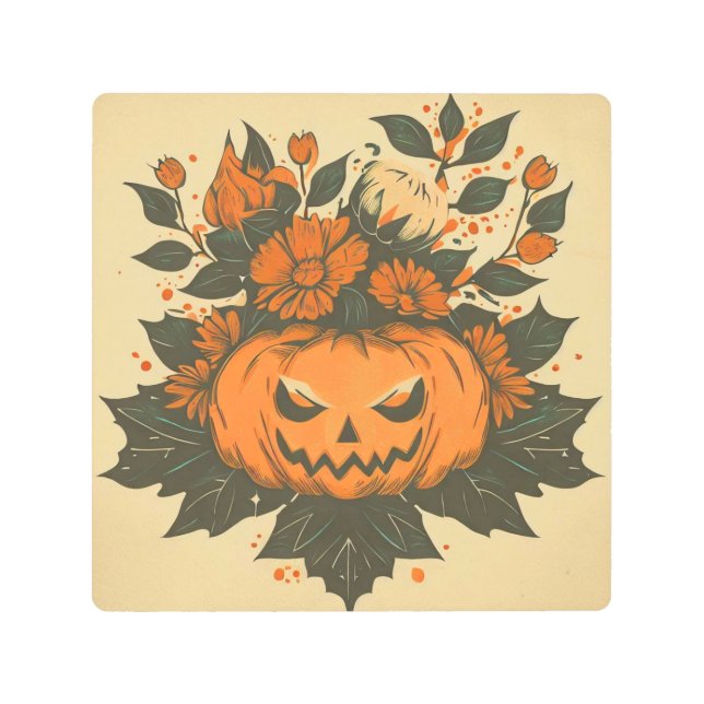 ヴィンテージ/ハロウィーン/秋/カボチャ メタルプリント (正面)