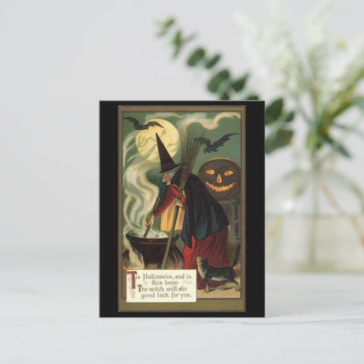 ヴィンテージ ハロウィーン 魔女の魔法の鍋をかき混ぜる ポストカード (スタンド正面)