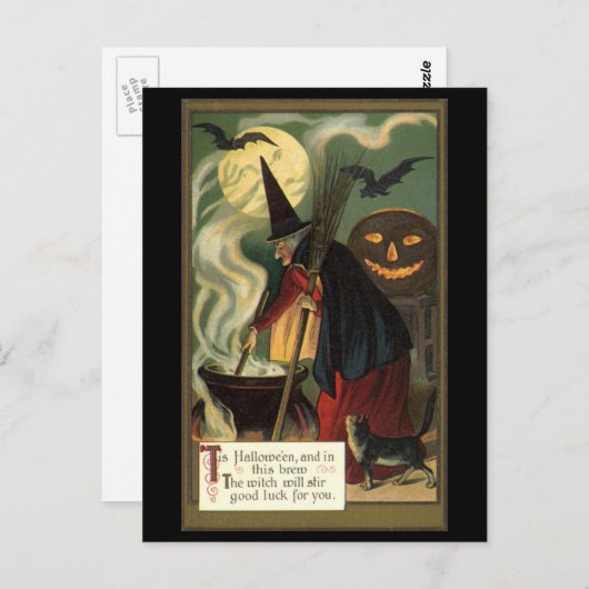 ヴィンテージ ハロウィーン 魔女の魔法の鍋をかき混ぜる ポストカード (正面/裏面)