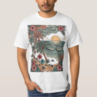 ヴィンテージ ハワイの夕日とヤシの木 Tシャツ