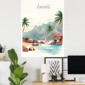 ヴィンテージ ハワイ 水彩画 旅行 イラスト ポスター (ホームオフィス)