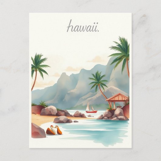 ヴィンテージ ハワイ 水彩画 旅行 イラスト ポストカード (正面)