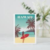 ヴィンテージ ハワイ 海 ビーチ サーフィン 女性 旅行 ポストカード (スタンド正面)