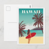 ヴィンテージ ハワイ 海 ビーチ サーフィン 女性 旅行 ポストカード (正面/裏面)
