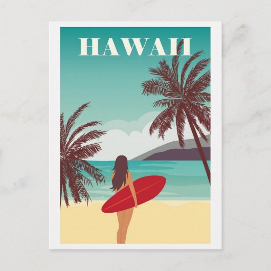 ヴィンテージ ハワイ 海 ビーチ サーフィン 女性 旅行 ポストカード (正面)