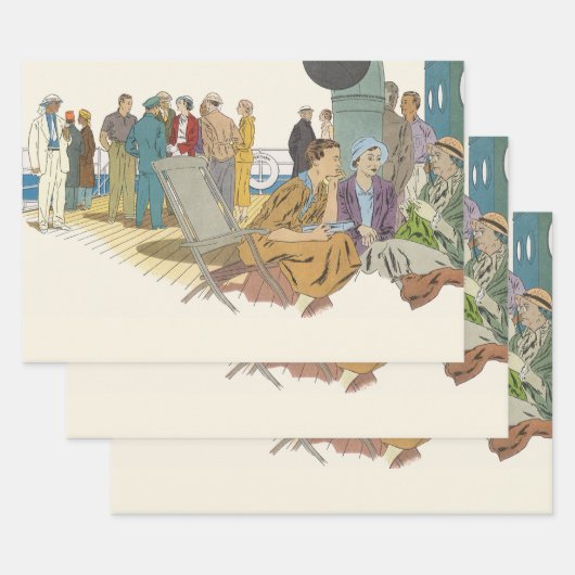 ヴィンテージ・バケーション、乗客がクルーズ船のデッキで過ごす ラッピングペーパーシート (セット)