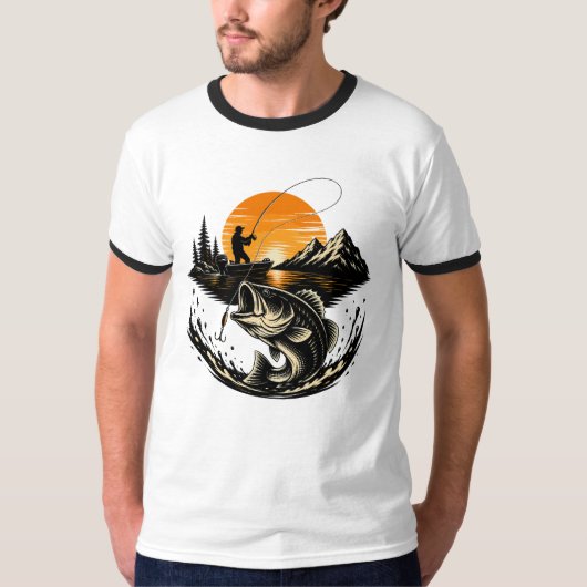 ヴィンテージ バスフィッシング 日没 アングラー デザイン Tシャツ (正面)