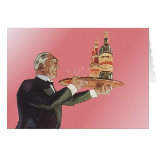 ヴィンテージ・バトラーがタキシードで盆にワインを運ぶ (正面横)