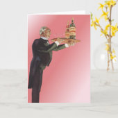 ヴィンテージ・バトラーがタキシードで盆にワインを運ぶ カード (黄色い花)