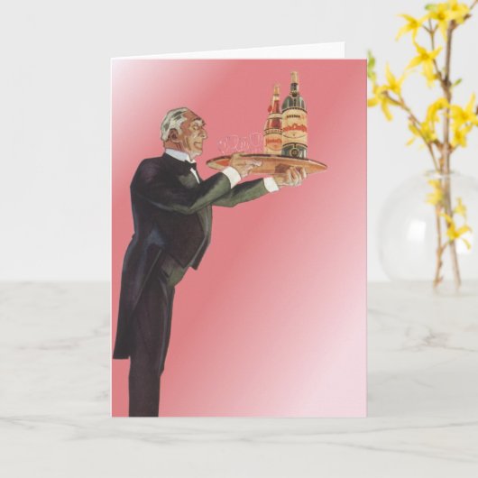 ヴィンテージ・バトラーがタキシードで盆にワインを運ぶ カード (黄色い花)