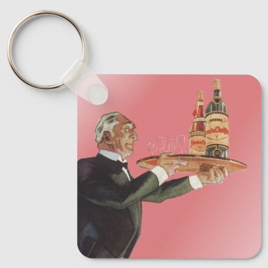 ヴィンテージ・バトラーがタキシードで盆にワインを運ぶ キーホルダー (正面)