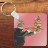 ヴィンテージ・バトラーがタキシードで盆にワインを運ぶ キーホルダー (正面)