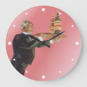 ヴィンテージ・バトラーがタキシードで盆にワインを運ぶ ラージ壁時計 (正面)