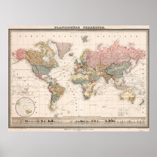 ヴィンテージ バニラカラーの世界地図ポスター ポスター (正面)