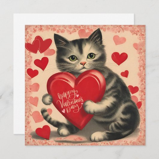 ヴィンテージ バレンタインデーのチョコレートをあげる猫 シーズンカード (正面/裏面)