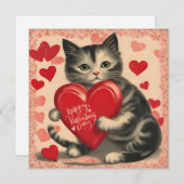 ヴィンテージ バレンタインデーのチョコレートをくれる猫 シーズンカード (正面/裏面)