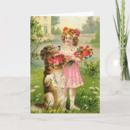 ヴィンテージ バレンタインデーの少女と犬 シーズンカード (正面)