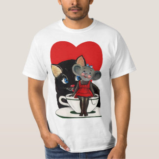 ヴィンテージ バレンタインデー ネコ ネズミ ティーカップ ハート Tシャツ