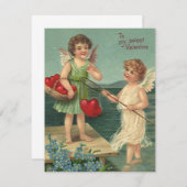 ヴィンテージ バレンタインデー、ハートを釣る天使たち シーズンカード (正面/裏面)