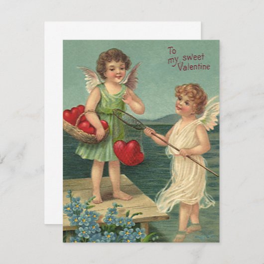 ヴィンテージ バレンタインデー、ハートを釣る天使たち シーズンカード (正面/裏面)