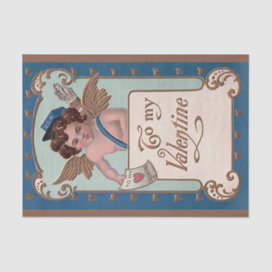 ヴィンテージ バレンタインデー、ラブレターを持つキューピッド 薄葉紙 (正面)