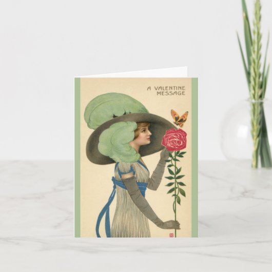 ヴィンテージ バレンタインデー、レディー レッド ローズ バタフライ シーズンカード (正面)