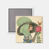 ヴィンテージ バレンタインデー、レディー レッド ローズ バタフライ マグネット (正面/裏面)