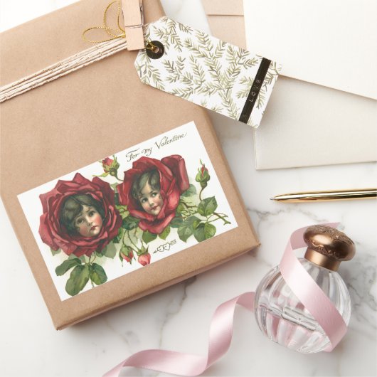 ヴィンテージ バレンタインデー, ローズの中のビクトリアンな顔 長方形シール (ギフト)