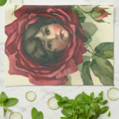 ヴィンテージ バレンタインデー, ローズの中のビクトリアン顔 キッチンタオル (折り畳み)