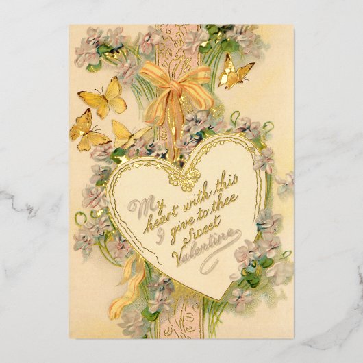 ヴィンテージ バレンタイン ハート、リボン & バタフライ 箔シーズンカード (正面)