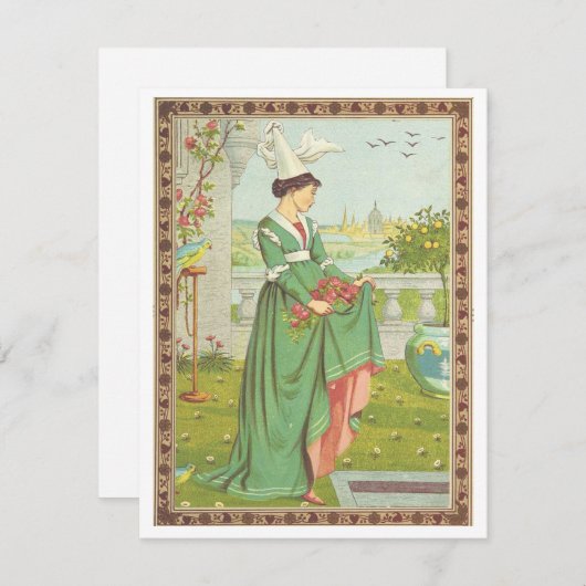 ヴィンテージ バレンタイン 中世の花を摘む女性 シーズンカード (正面/裏面)