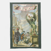 ヴィンテージ バロック時代の地図帳の前ページ 世界の地球儀 キッチンタオル (縦)