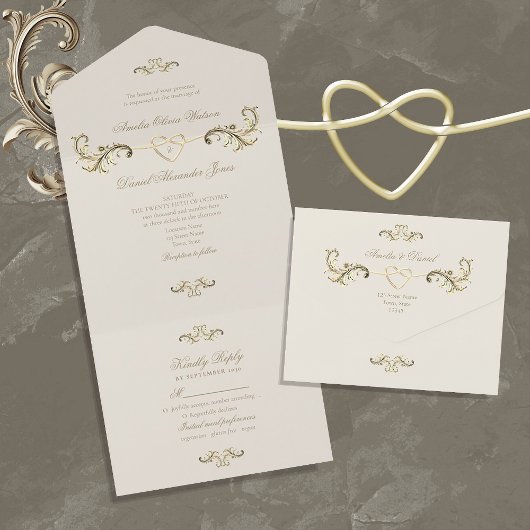 ヴィンテージ バロック ゴールド ウェディング オールインワン招待状