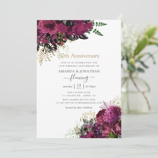 ヴィンテージ バーガンディーとゴールドの50周年結婚記念日 招待状 (スタンド正面)