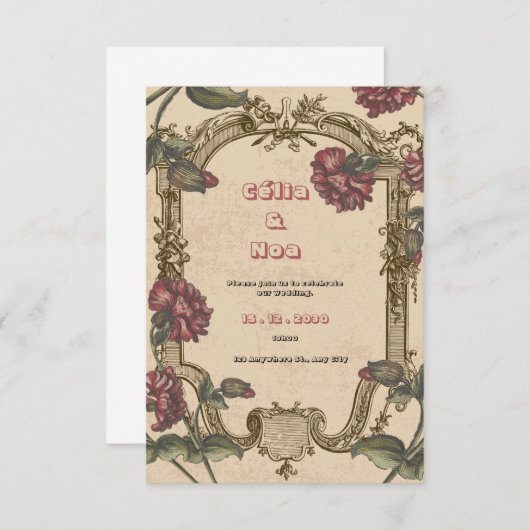 ヴィンテージ バーガンディーとベージュの結婚式招待状 出欠カード (正面/裏面)