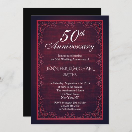 ヴィンテージ バーガンディーの結婚記念日 招待状 (正面/裏面)