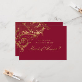 ヴィンテージ バーガンディ ゴールド フローラル ダマスク メイド オブ オナー 招待状