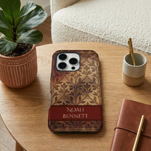 ヴィンテージ・バーガンディ・レザー・ボホ・ボタニカル・フォリアージュ iPhone 16 PROケース