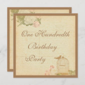 ヴィンテージ·バード·ケージ&バラ100誕生日 招待状 (正面/裏面)