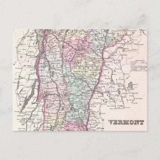 ヴィンテージ バーモント州地図 (1855) ポストカード (正面)