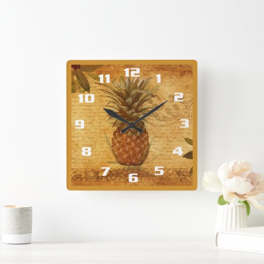 ヴィンテージ·パイナップルと書道のゴージャスキッチン スクエア壁時計 (ホーム)