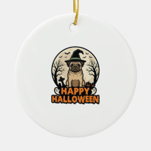 ヴィンテージ・パグのハッピーハロウィン魔女の帽子Tシャツデザイン セラミックオーナメント