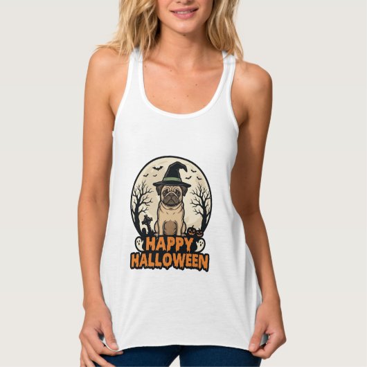 ヴィンテージ・パグ ハッピーハロウィン 魔女の帽子 Tシャツ デザイン (正面)