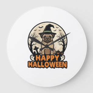 ヴィンテージ・パグ ハッピー・ハロウィン 魔女の帽子 Tシャツ デザイン ラージ壁時計