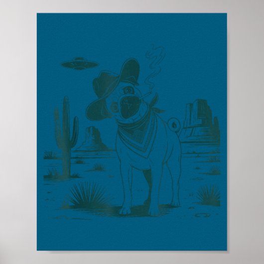 ヴィンテージ パグ UFO ウエスタン 笑える犬 ポスター (正面)