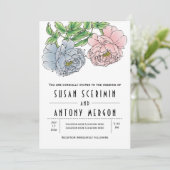 ヴィンテージ パステルピンク ブルーの牡丹の花 ウェディング 招待状 (スタンド正面)