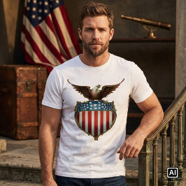 ヴィンテージ・パトリオティズム アメリカ国旗に誇り高く立つワシ Tシャツ