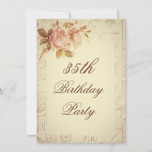 ヴィンテージ パリ消印 シックなバラ 35歳の誕生日 招待状 (正面)